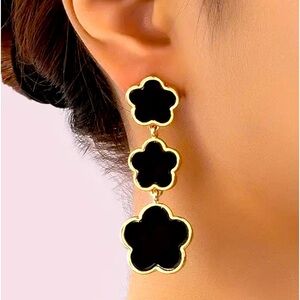 BLACK FLOWER DESIGN LONG DANGLE EARRINGS RETRO BOHEMIAN STYLE JEWELRY NEW